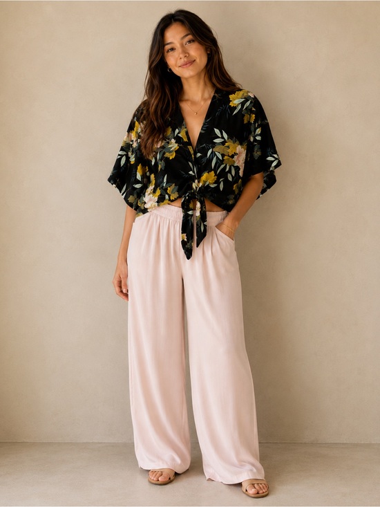 Aakaa Tops - Aakaa Black Greens and Blush Pinks Floral Tie-Front Kimono style Silky Top